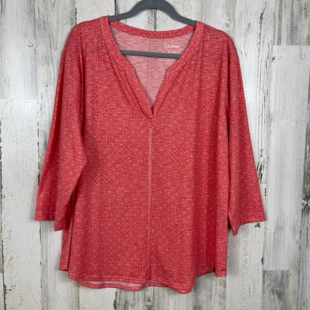 L.L. Bean pullover knit top orange white ditsy print size XL casual comfort